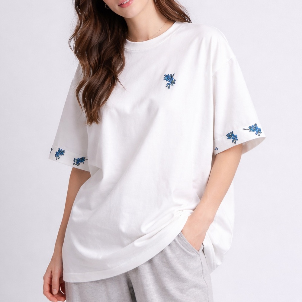 HARE Crewneck T-Shirt Short Sleeve Embroidered Florals White Size Oversized S